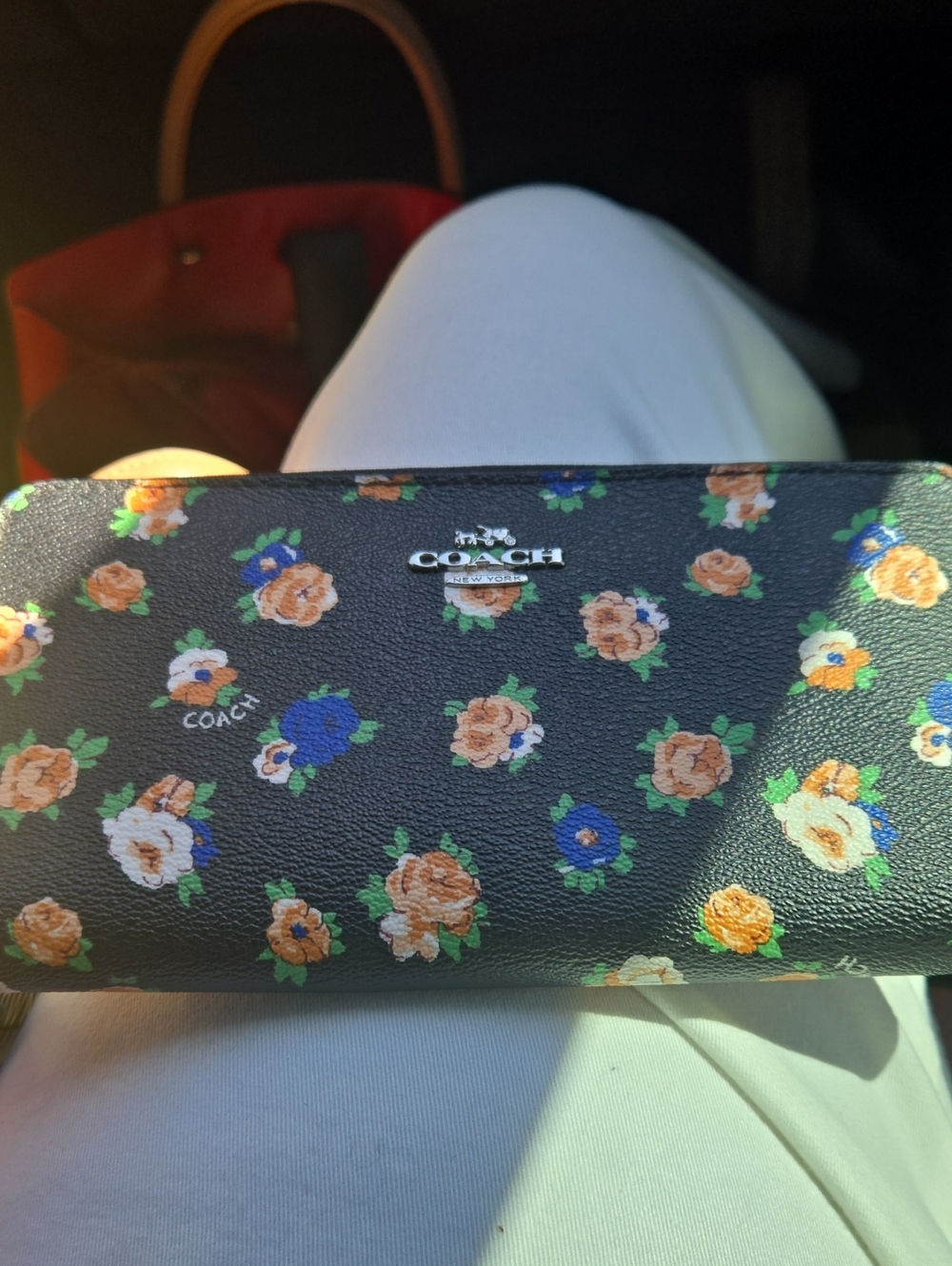Coach Black Floral Leather Zip Wallet with Peach and Blue Blooms